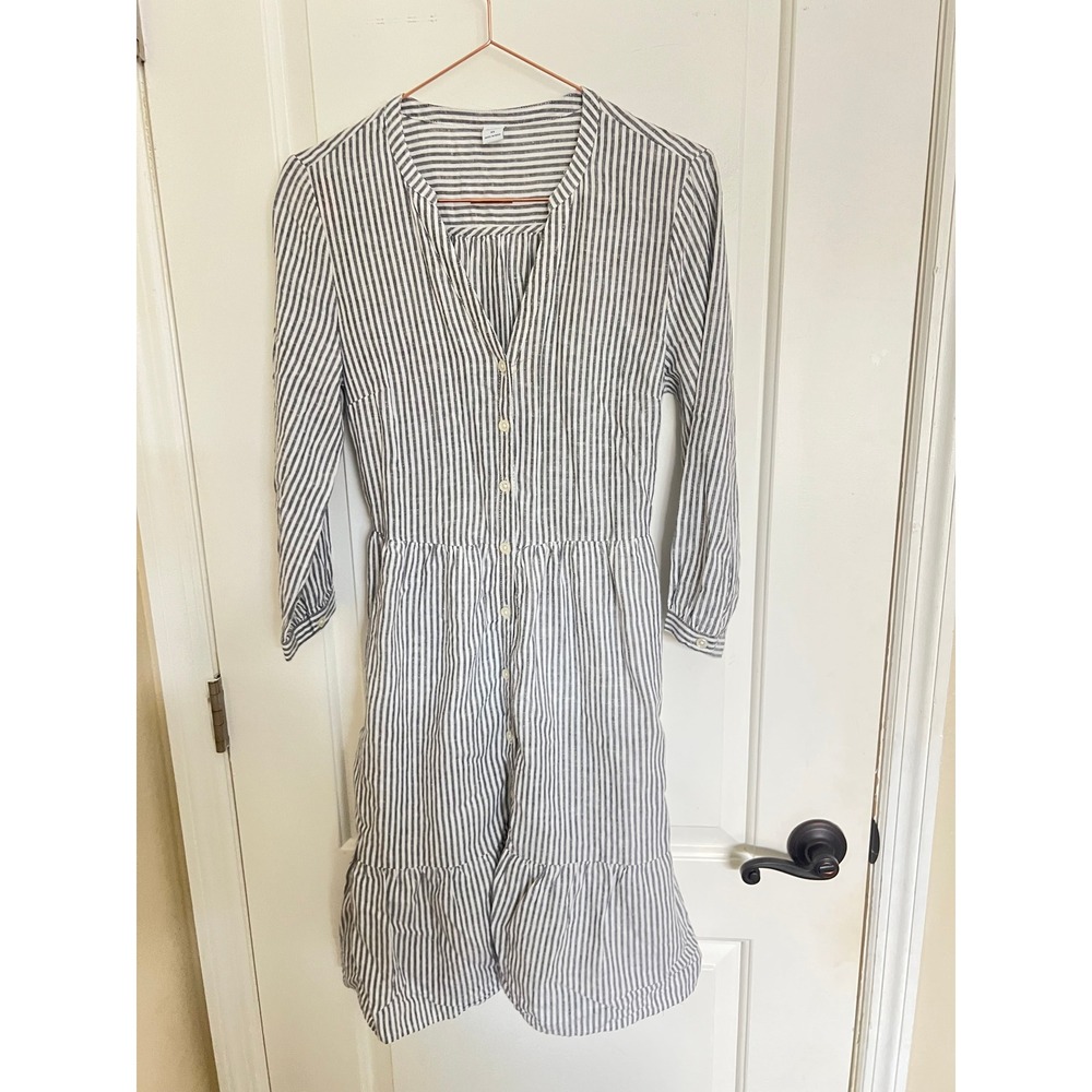 Old Navy Shirt Dress Womens XS Navy White Striped Linen Blend Tiered Ruffle Mini - Picture 5 of 8